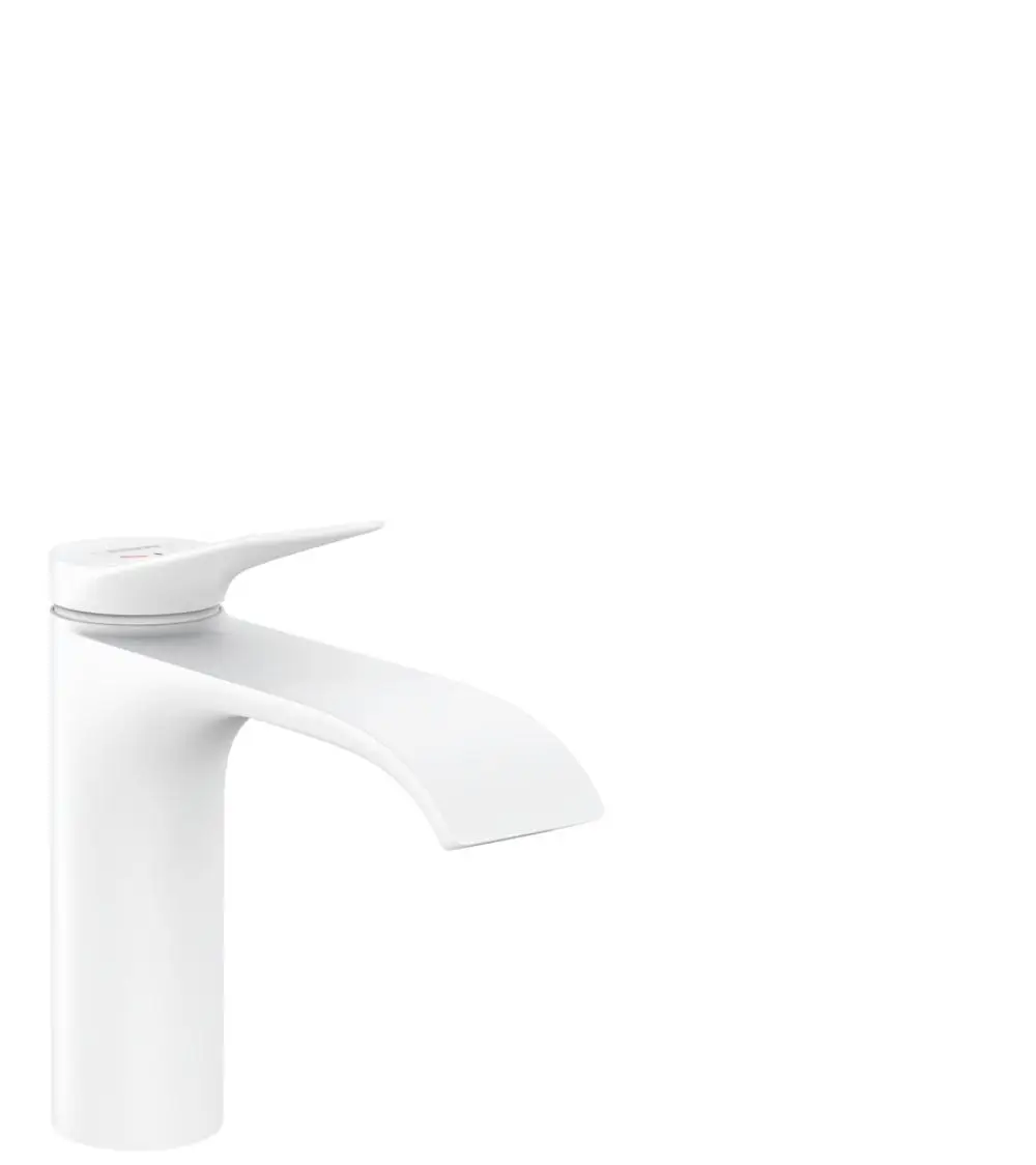 Weißer Einhebel-Waschtischmischer von Hansgrohe mit flacher Auslaufform und Zugstangen-Ablaufgarnitur, abgebildet auf hellem Hintergrund.